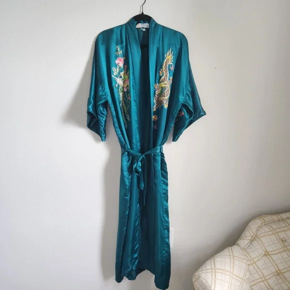 Vintage Silk Robe Phoenix Dragon Motif Teal Blue Medium